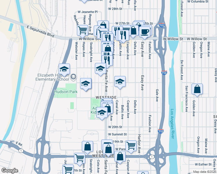 map of restaurants, bars, coffee shops, grocery stores, and more near 2236 Santa Fe Avenue in Long Beach