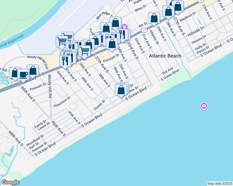 map of restaurants, bars, coffee shops, grocery stores, and more near 3702 South Ocean Boulevard in North Myrtle Beach