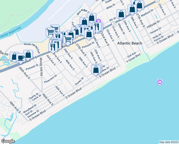 map of restaurants, bars, coffee shops, grocery stores, and more near 3702 South Ocean Boulevard in North Myrtle Beach