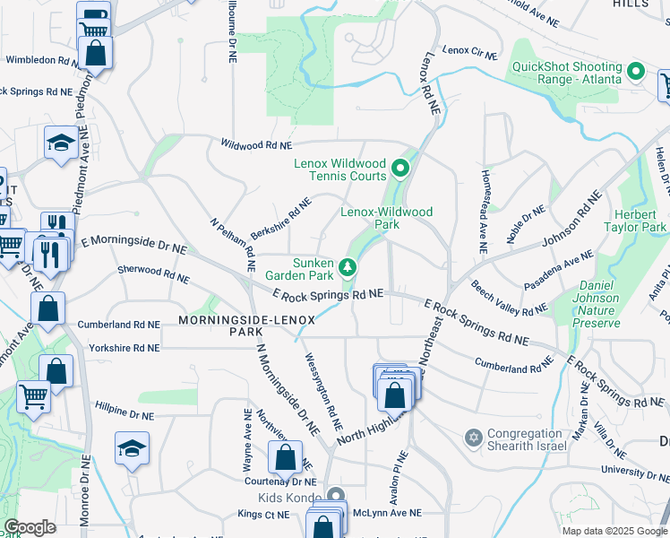map of restaurants, bars, coffee shops, grocery stores, and more near 1598 West Sussex Road Northeast in Atlanta