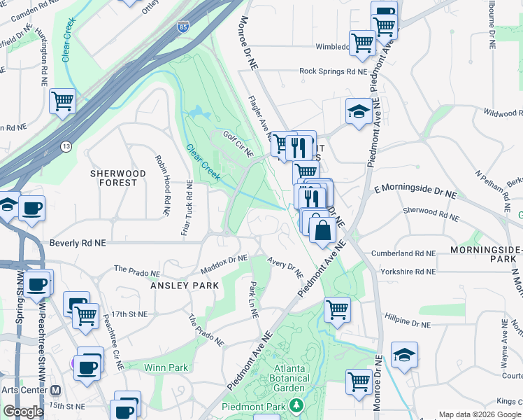 map of restaurants, bars, coffee shops, grocery stores, and more near 185 Avery Drive Northeast in Atlanta