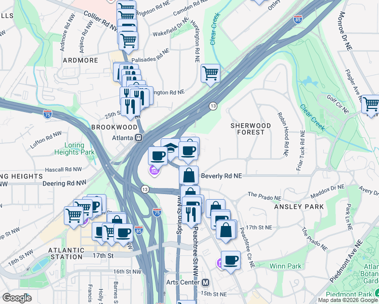 map of restaurants, bars, coffee shops, grocery stores, and more near in Atlanta