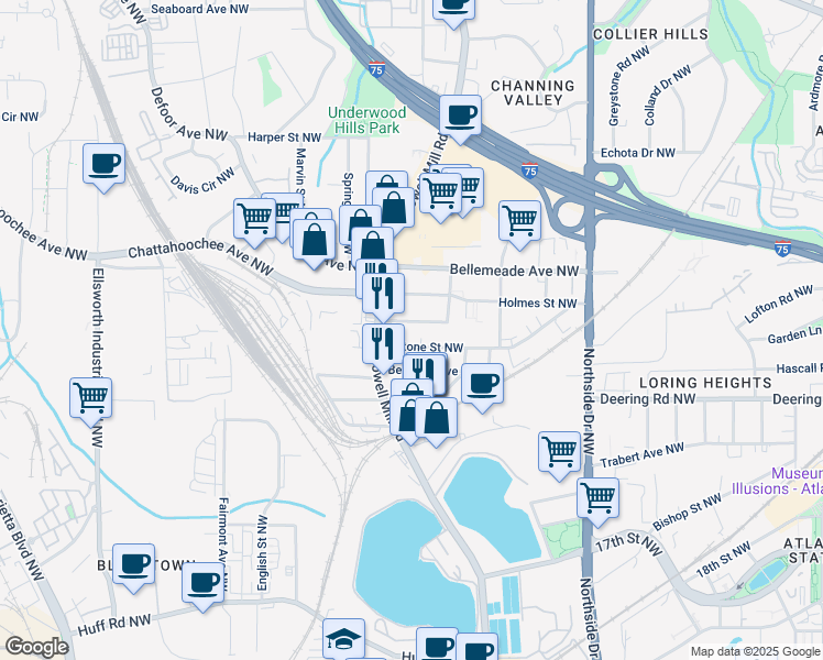 map of restaurants, bars, coffee shops, grocery stores, and more near 800 Verner Street Northwest in Atlanta