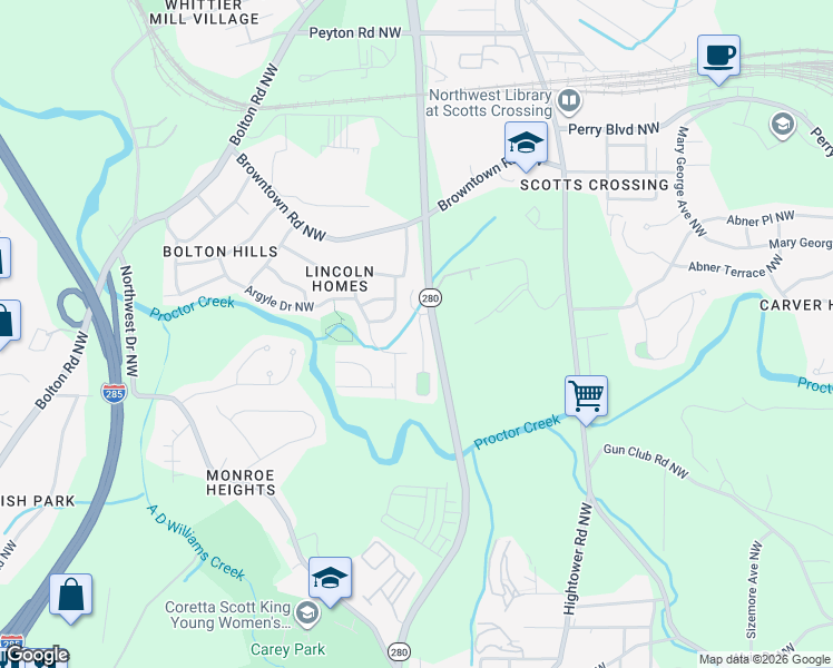 map of restaurants, bars, coffee shops, grocery stores, and more near 1622 Jackson Way in Atlanta