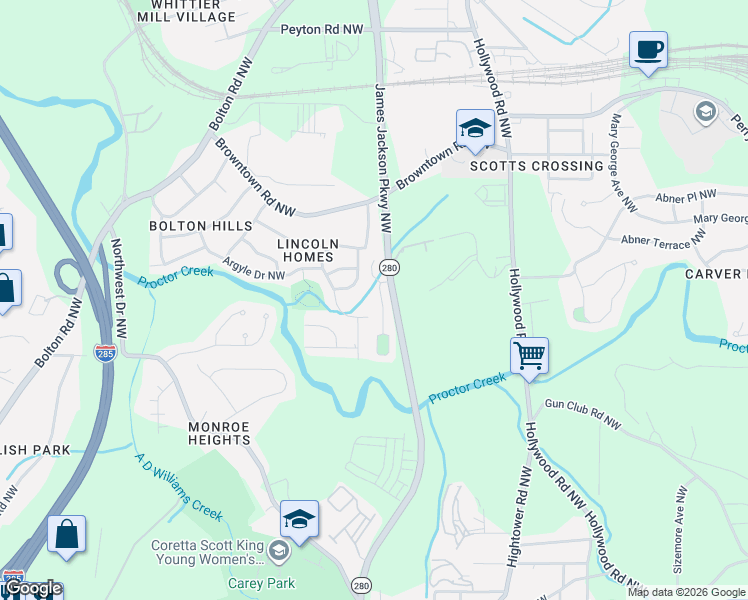 map of restaurants, bars, coffee shops, grocery stores, and more near 1637 Jackson Way in Atlanta