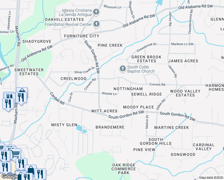 map of restaurants, bars, coffee shops, grocery stores, and more near 6434 Wanda Lane in Austell