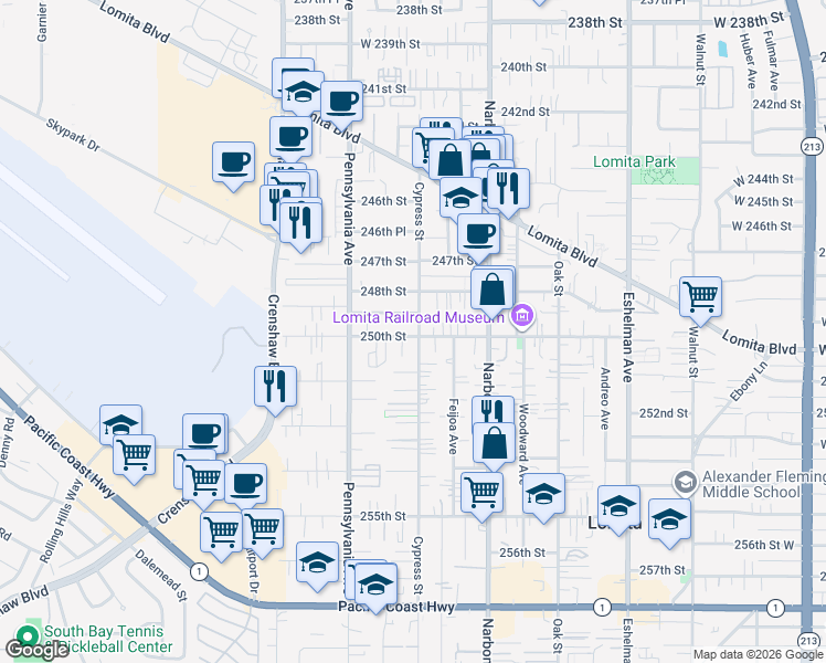 map of restaurants, bars, coffee shops, grocery stores, and more near 24921 Cypress Street in Lomita