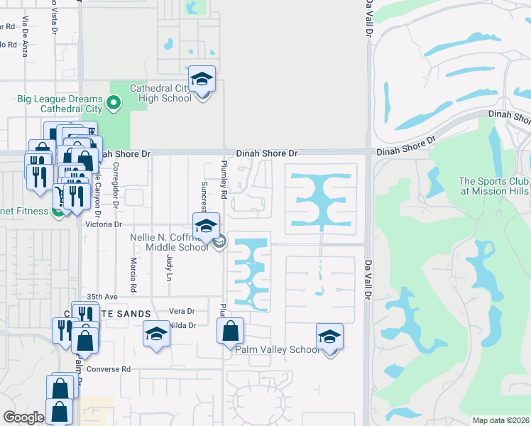map of restaurants, bars, coffee shops, grocery stores, and more near 69646 Antonia Way in Rancho Mirage