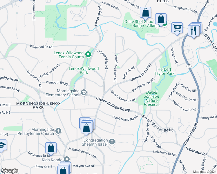 map of restaurants, bars, coffee shops, grocery stores, and more near 1590 Johnson Road Northeast in Atlanta