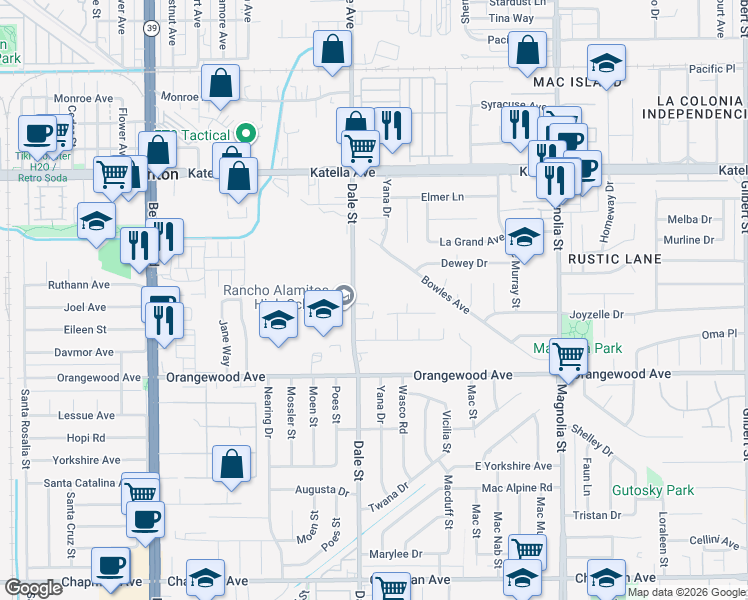 map of restaurants, bars, coffee shops, grocery stores, and more near 11334 Dale Street in Garden Grove