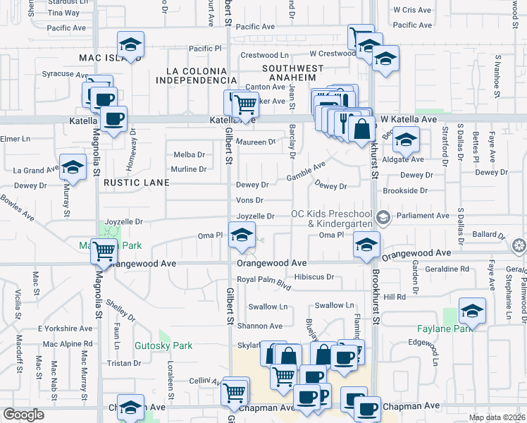 map of restaurants, bars, coffee shops, grocery stores, and more near 9611 Joyzelle Drive in Garden Grove