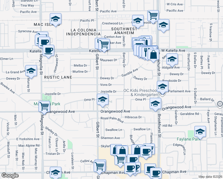 map of restaurants, bars, coffee shops, grocery stores, and more near 9611 Joyzelle Drive in Garden Grove