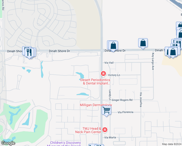 map of restaurants, bars, coffee shops, grocery stores, and more near 48 Oak Tree Drive in Rancho Mirage