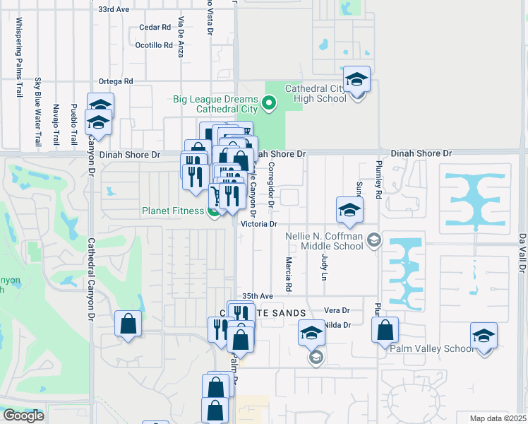 map of restaurants, bars, coffee shops, grocery stores, and more near 34445 Corregidor Drive in Cathedral City