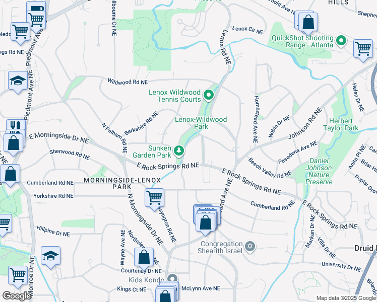 map of restaurants, bars, coffee shops, grocery stores, and more near 1605 East Sussex Road Northeast in Atlanta