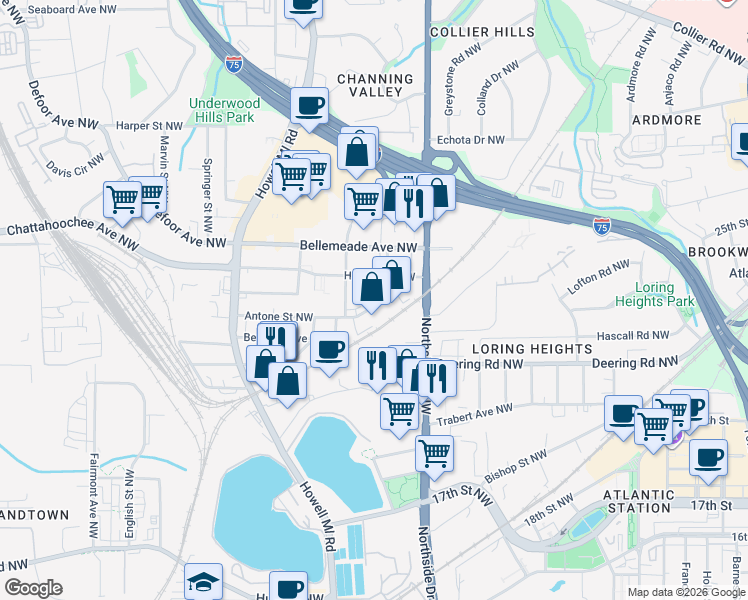 map of restaurants, bars, coffee shops, grocery stores, and more near 644 Antone Street Northwest in Atlanta