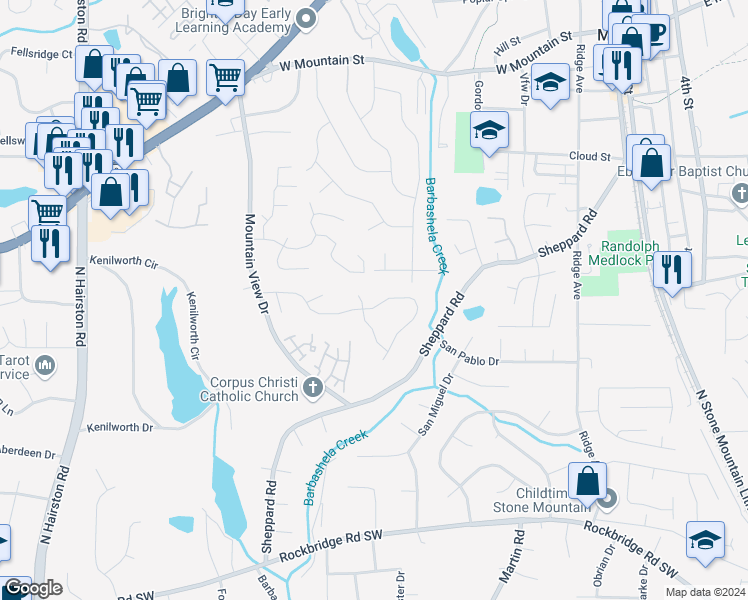 map of restaurants, bars, coffee shops, grocery stores, and more near 5100 Stone Trce in Stone Mountain