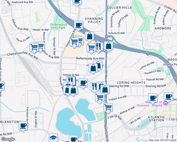 map of restaurants, bars, coffee shops, grocery stores, and more near 1603 Tallulah Street Northwest in Atlanta