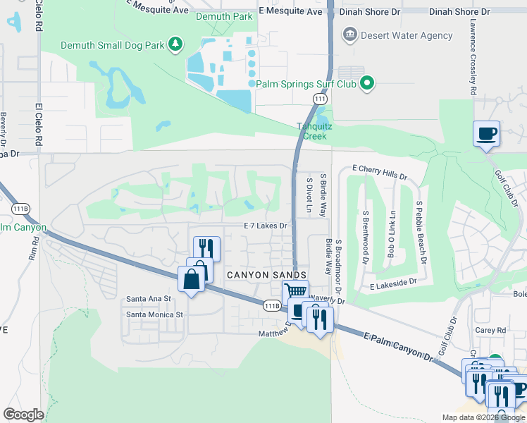 map of restaurants, bars, coffee shops, grocery stores, and more near 106 Desert Lakes Drive in Palm Springs