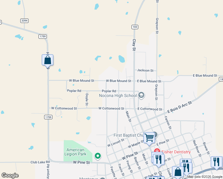 map of restaurants, bars, coffee shops, grocery stores, and more near 206 Poplar Road in Nocona