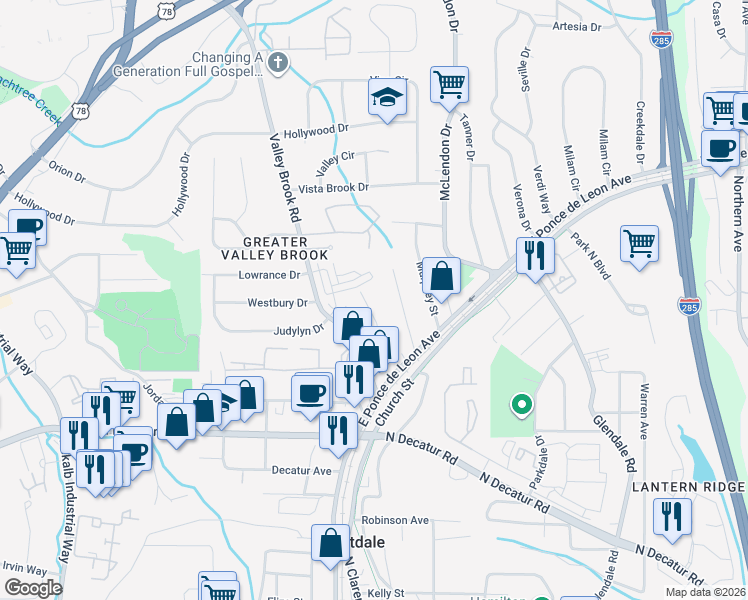 map of restaurants, bars, coffee shops, grocery stores, and more near 3482 East Ponce de Leon Avenue in Scottdale