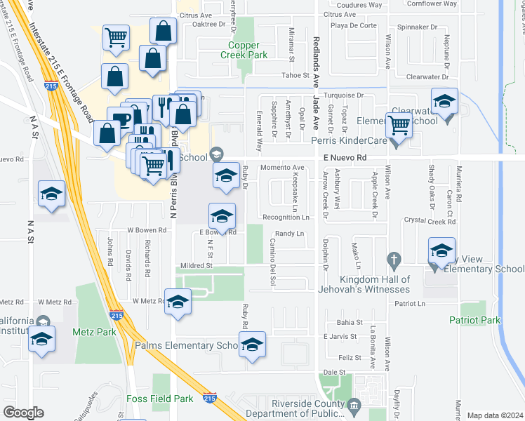 map of restaurants, bars, coffee shops, grocery stores, and more near 1451 Heirloom Avenue in Perris