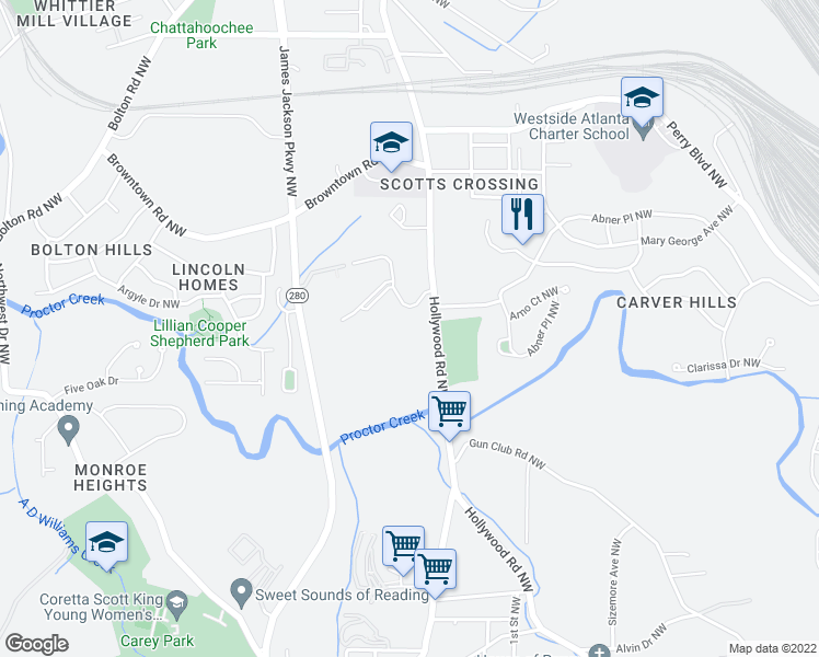 map of restaurants, bars, coffee shops, grocery stores, and more near 1600 Hollywood Road Northwest in Atlanta