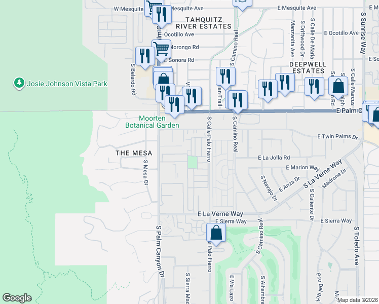 map of restaurants, bars, coffee shops, grocery stores, and more near 311 Kona Lane in Palm Springs