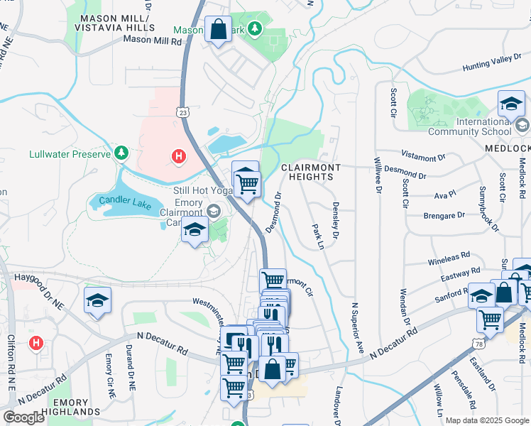 map of restaurants, bars, coffee shops, grocery stores, and more near 1501 Clairmont Road in Decatur