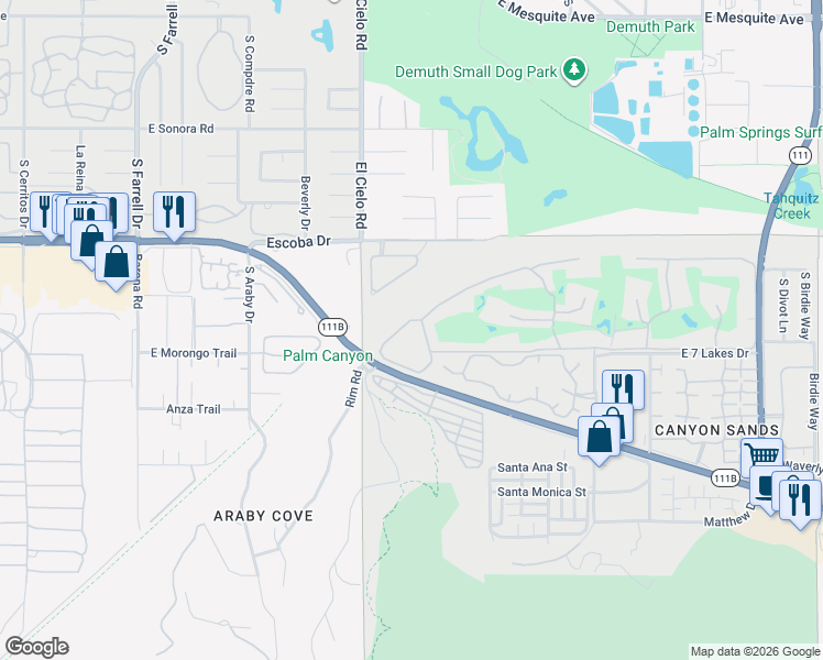 map of restaurants, bars, coffee shops, grocery stores, and more near 2 Desert Lakes Drive in Palm Springs