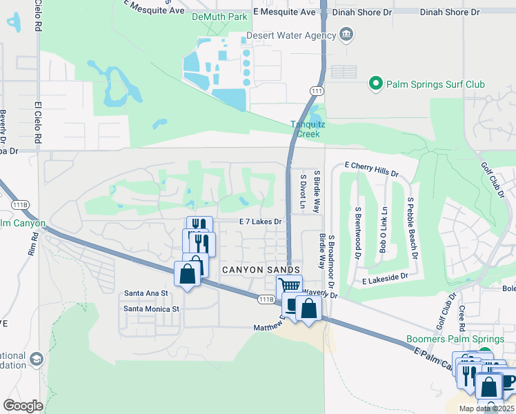 map of restaurants, bars, coffee shops, grocery stores, and more near 106 Desert Lakes Drive in Palm Springs