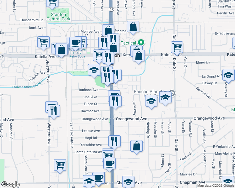 map of restaurants, bars, coffee shops, grocery stores, and more near 8028 Monaco in Stanton