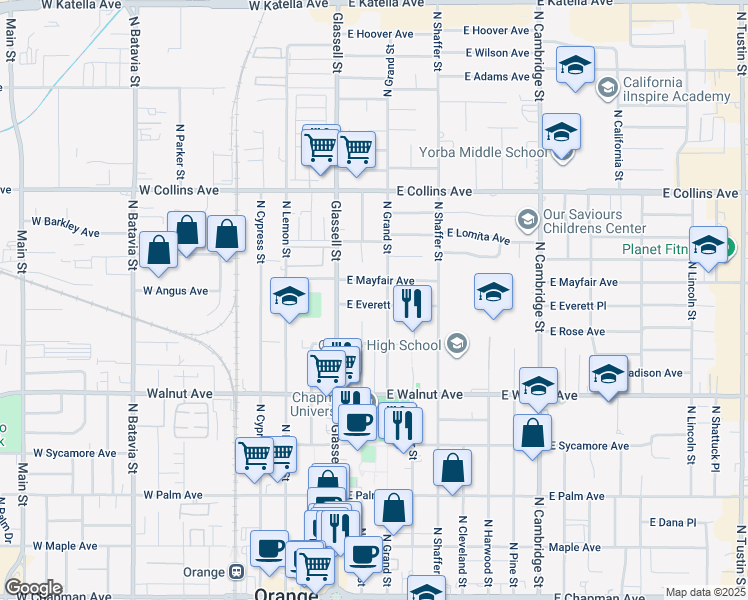 map of restaurants, bars, coffee shops, grocery stores, and more near 225 East Everett Place in Orange