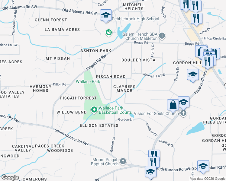 map of restaurants, bars, coffee shops, grocery stores, and more near 831 Larkin Lane in Mableton
