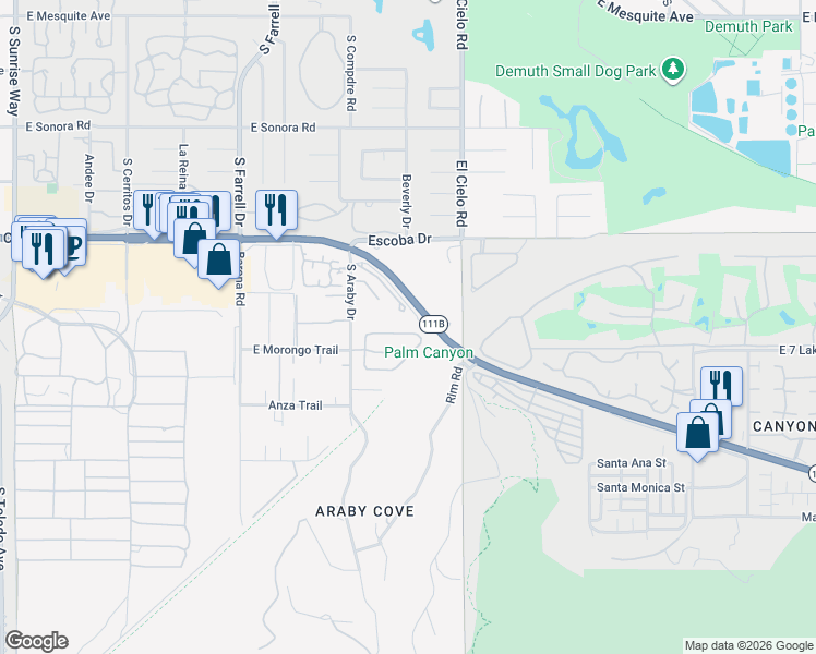 map of restaurants, bars, coffee shops, grocery stores, and more near 3000 Candle Light Lane in Palm Springs