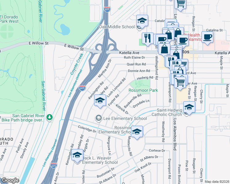 map of restaurants, bars, coffee shops, grocery stores, and more near 11341 Foster Road in Los Alamitos