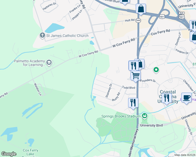 map of restaurants, bars, coffee shops, grocery stores, and more near 610 Truman Road in Conway