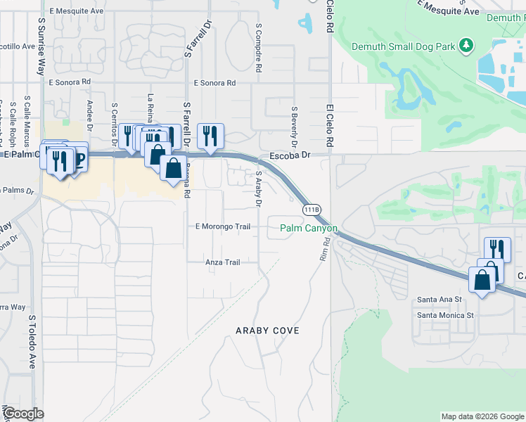 map of restaurants, bars, coffee shops, grocery stores, and more near 1879 Torchlight Lane in Palm Springs