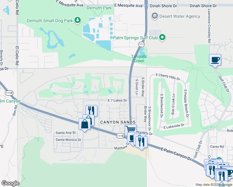 map of restaurants, bars, coffee shops, grocery stores, and more near 106 Desert Lakes Drive in Palm Springs