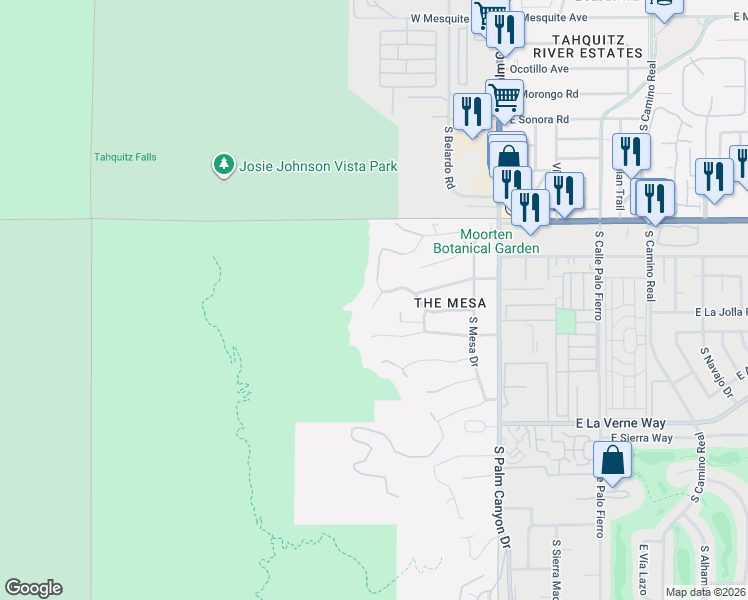 map of restaurants, bars, coffee shops, grocery stores, and more near 1855 West Crestview Drive in Palm Springs