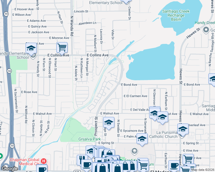 map of restaurants, bars, coffee shops, grocery stores, and more near 3445 East White Chapel Court in Orange
