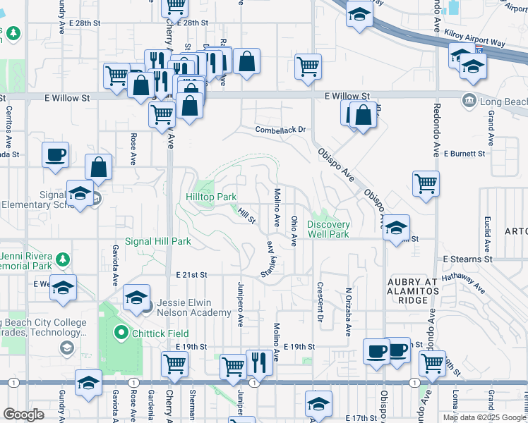 map of restaurants, bars, coffee shops, grocery stores, and more near 2339 Hill Street in Signal Hill
