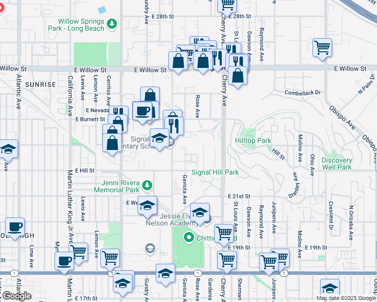 map of restaurants, bars, coffee shops, grocery stores, and more near 2237 Rose Avenue in Signal Hill