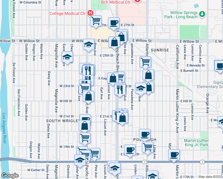 map of restaurants, bars, coffee shops, grocery stores, and more near 2247 Long Beach Boulevard in Long Beach