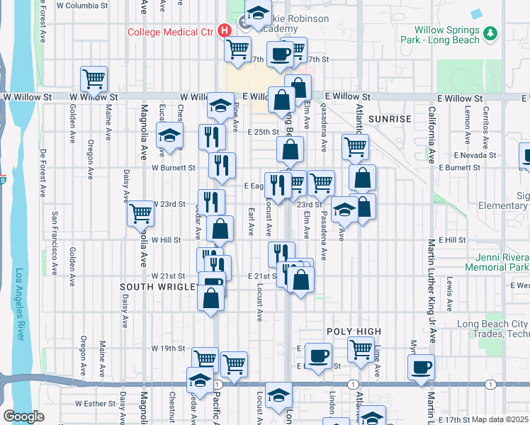 map of restaurants, bars, coffee shops, grocery stores, and more near 2243 Locust Avenue in Long Beach