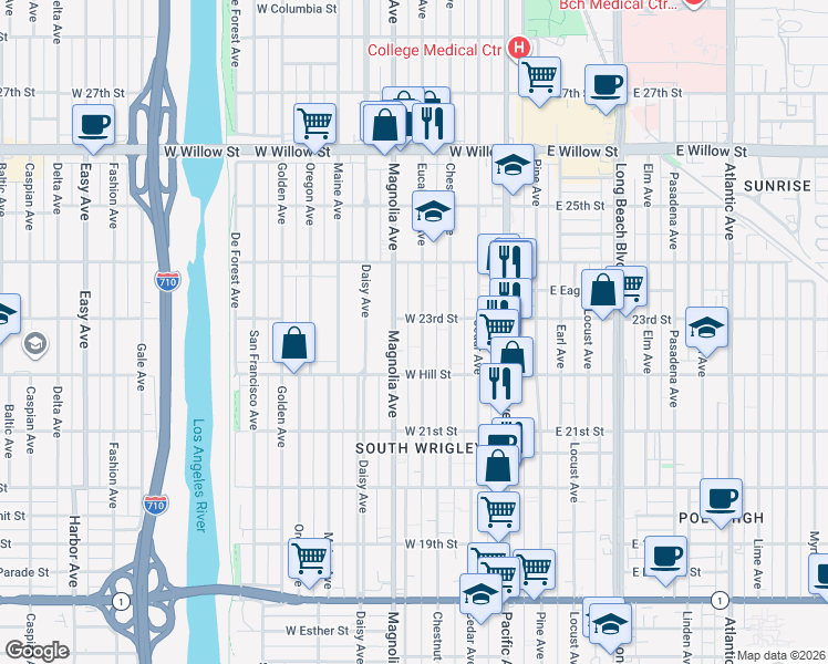 map of restaurants, bars, coffee shops, grocery stores, and more near 2241 Eucalyptus Avenue in Long Beach