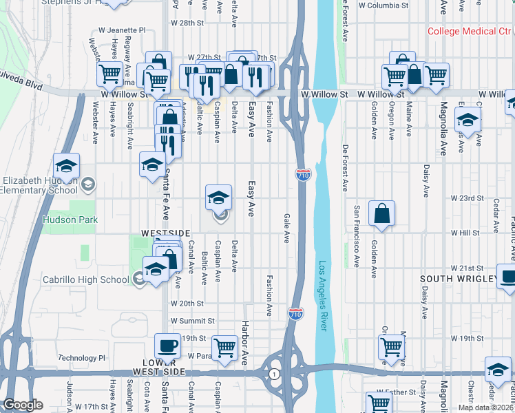 map of restaurants, bars, coffee shops, grocery stores, and more near 2245 Fashion Avenue in Long Beach