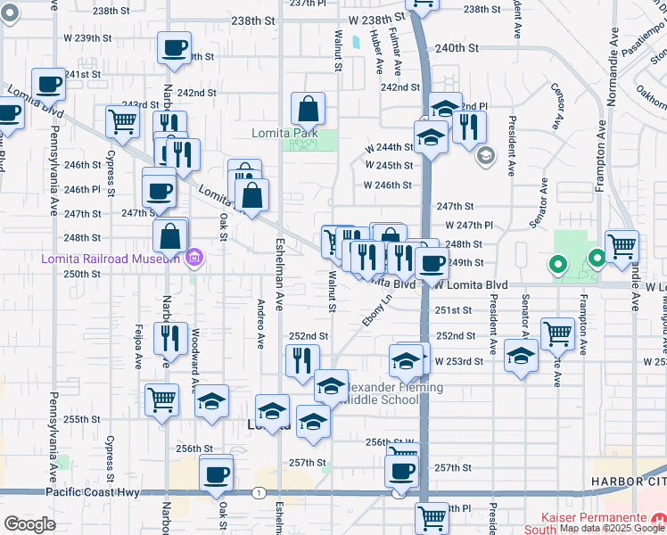 map of restaurants, bars, coffee shops, grocery stores, and more near 25007 Walnut Street in Lomita
