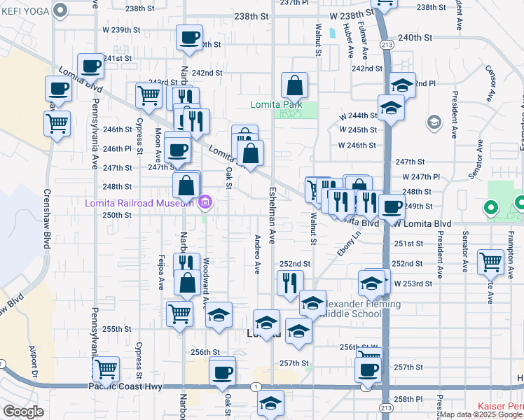 map of restaurants, bars, coffee shops, grocery stores, and more near 25007 Andreo Avenue in Lomita
