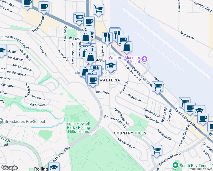 map of restaurants, bars, coffee shops, grocery stores, and more near 3619 Blair Way in Torrance